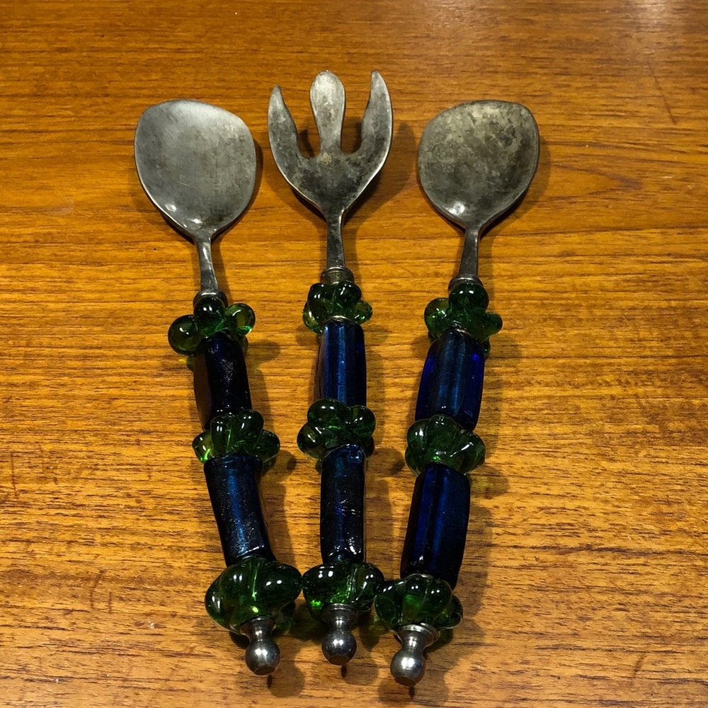 Vintage Blue and Green Glass-Handled Salad Serving Set